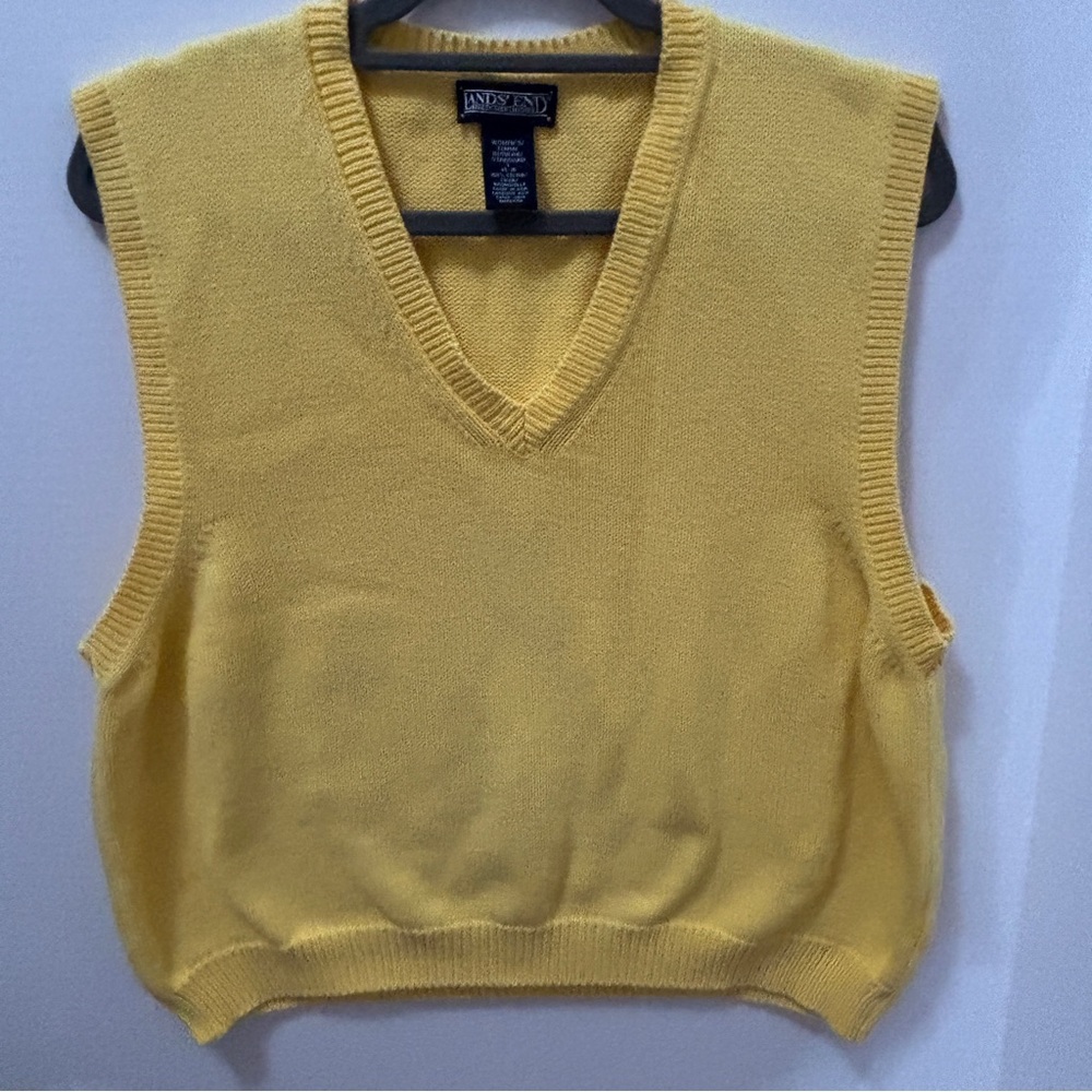 Lands End 100% Cotton Sz Ladies Large Knitted Yellow Vest Preppy Teacher Vintage - Picture 2 of 5
